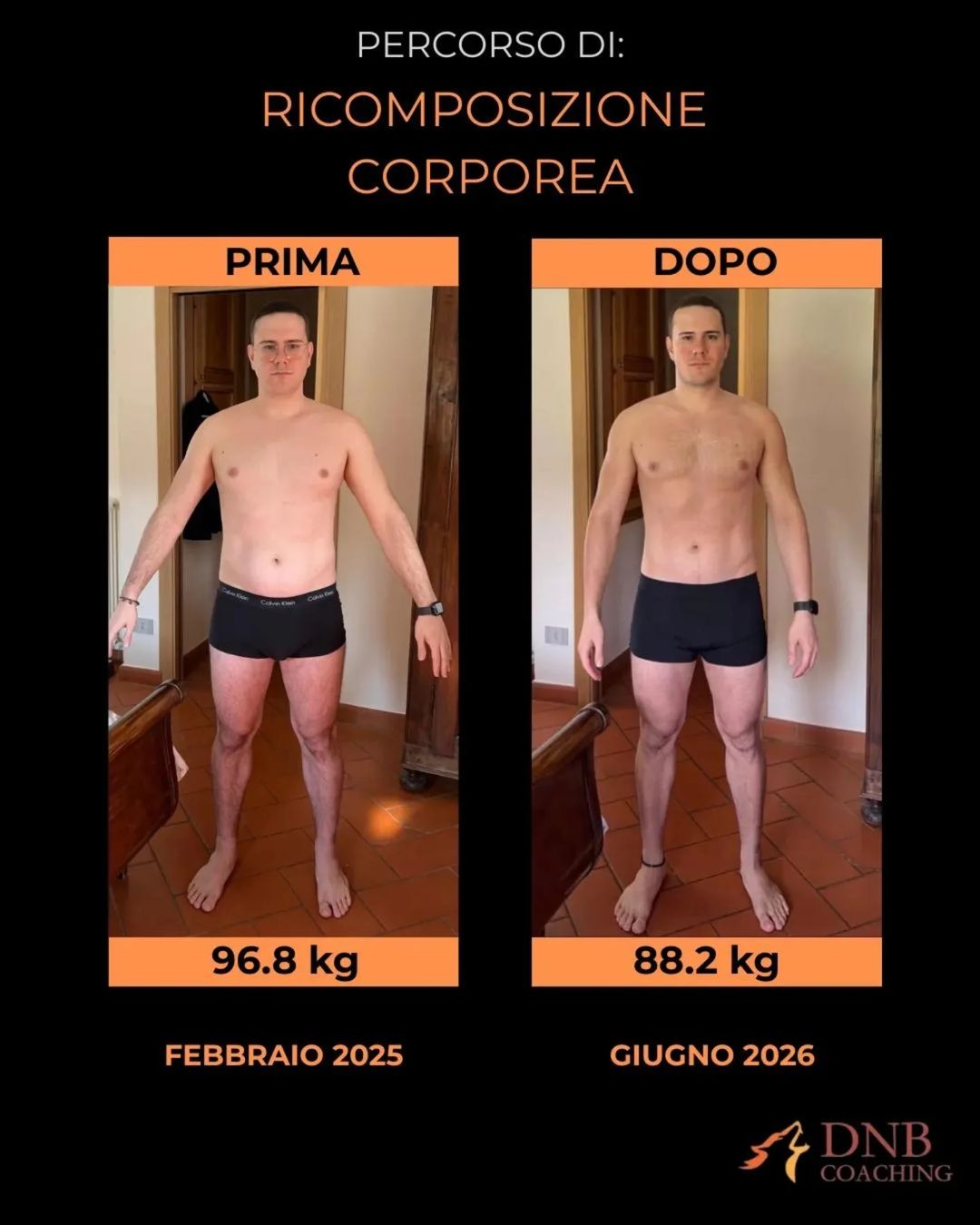 Percorso di ricomposizione corporea di Enrico: 96,8 kg a febbraio 2025, 88,2 kg a giugno 2026